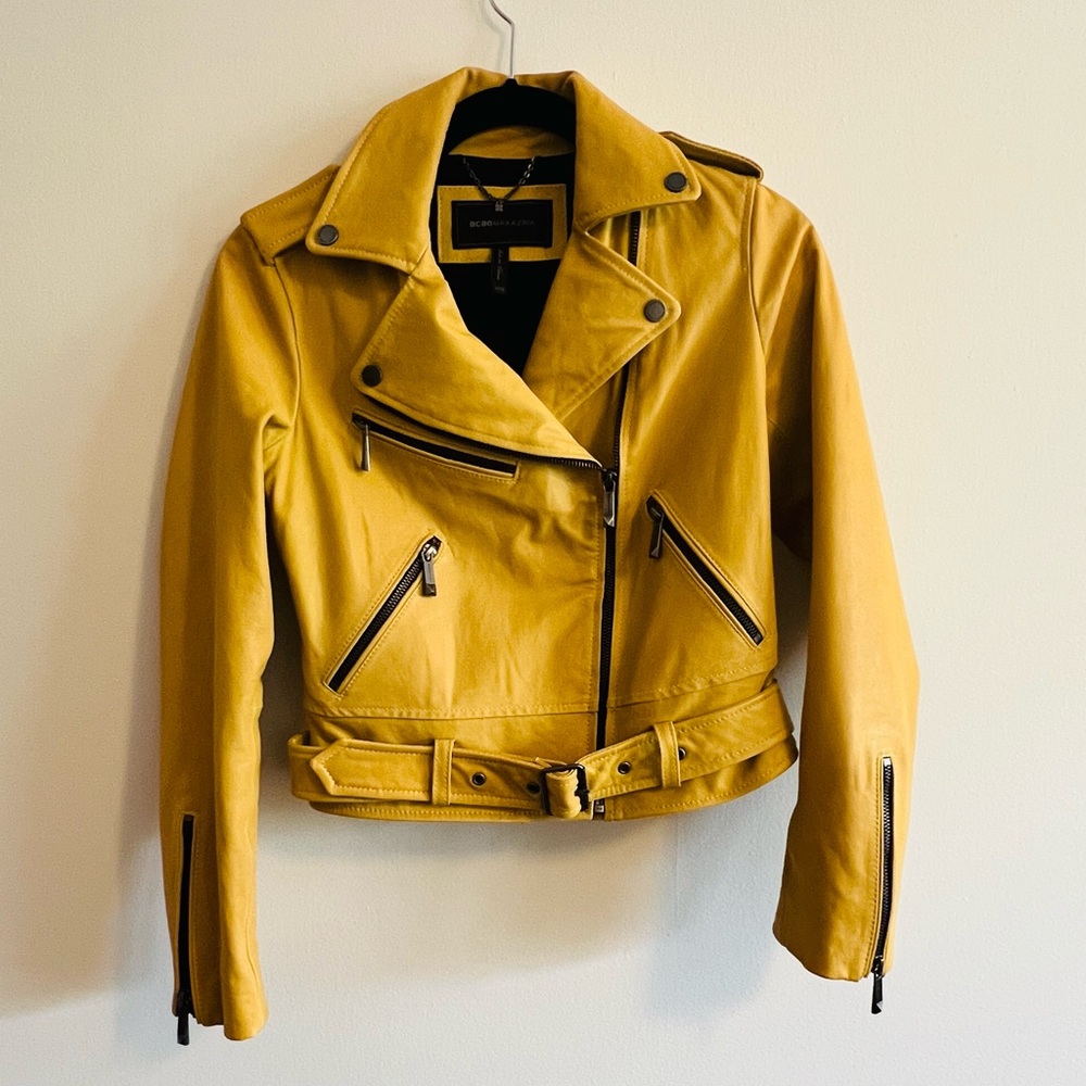 BCBG Yellow Leather Biker Jacket xxs - Picture 2 of 5